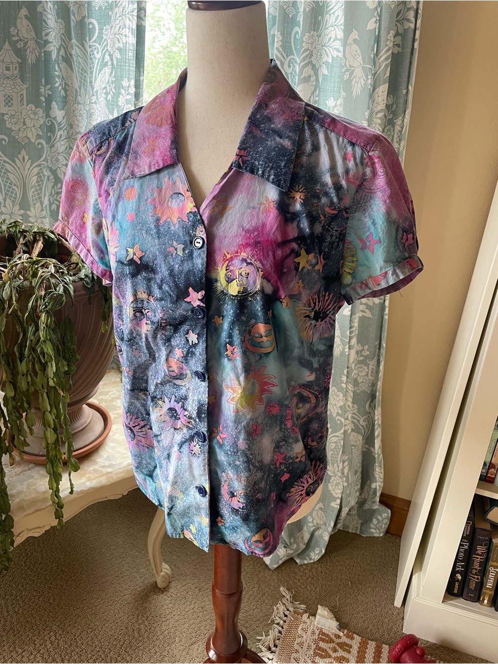 handmade celestial colorful sun button down artistic boho shirt